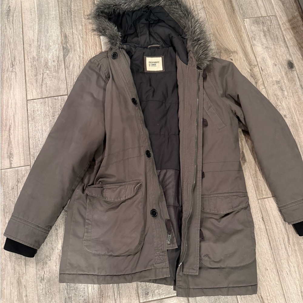 Old Navy Gray Hooded Jacket with Faux Fur Trim